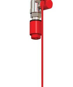 Ceiling-mounted emergency Justrite H shower with a stainless steel pipe, red activator, and green pull handle labeled Shower, designed for reliable use in emergencies.