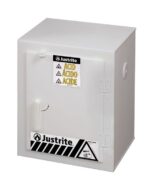 The Justrite Cabinet, Acid, Poly, Ctop in white is designed for acid storage and features safety labels in English, Spanish, and French. It includes a handle and a distinctive black-and-white striped warning label at the base for safety compliance.