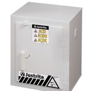 The Justrite Cabinet, Acid, Poly, Ctop in white is designed for acid storage and features safety labels in English, Spanish, and French. It includes a handle and a distinctive black-and-white striped warning label at the base for safety compliance.