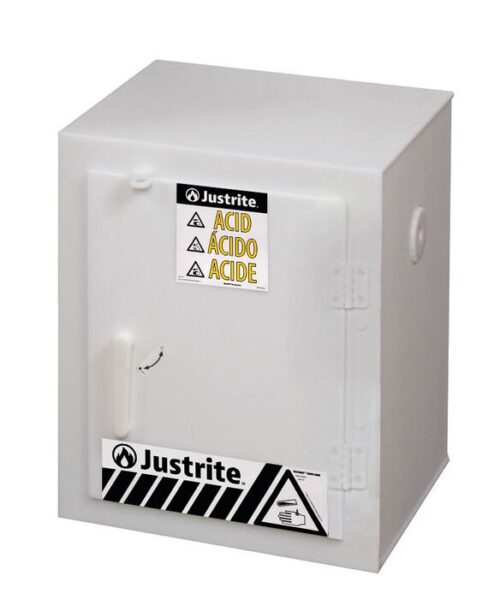 The Justrite Cabinet, Acid, Poly, Ctop in white is designed for acid storage and features safety labels in English, Spanish, and French. It includes a handle and a distinctive black-and-white striped warning label at the base for safety compliance.