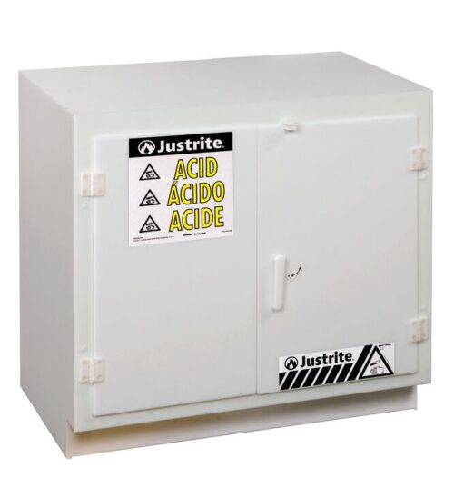 24010.jpg The Justrite Cabinet, Acid, Poly, U/C, Wht is designed for acid storage with durable Poly construction. It has warning labels in English, Spanish, and French with a safety symbol. The design includes two doors and a simple handle for optimal protection.