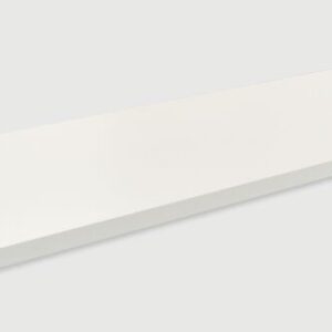 A Justrite Shelf, Wood With Clips F/24150, is depicted in sleek white from a slightly elevated angle against a light gray background.