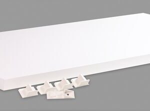 The Justrite Shelf, Wood With Clips F/24140, in pristine white, elegantly stands out against a gray background. Below it are five bracket mounts displaying the essential mounting hardware for seamless installation.