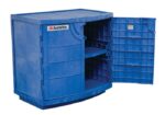 The Justrite Cabinet in blue, labeled Corrosive Poly, is made from sturdy plastic and features an open door revealing two shelves. It showcases a grid pattern inside with the Justrite brand name, ideal for safe storage.