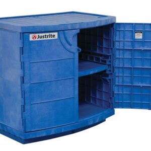 The Justrite Cabinet in blue, labeled Corrosive Poly, is made from sturdy plastic and features an open door revealing two shelves. It showcases a grid pattern inside with the Justrite brand name, ideal for safe storage.