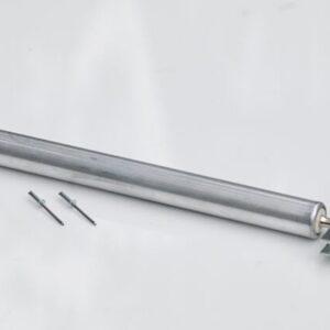 A silver cylindrical door closer, with an attached bracket, mimics a Justrite Cylinder on a pristine white surface. Beside it are two small metal pins, similar to those from the Repair Kit F/Cabinet.