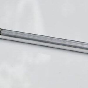 A Justrite Cylinder, F/Cabinets, silver and cylindrical, with a small connector at one end, rests on a plain light surface. It appears to be an electronic or mechanical component, likely functioning as a sensor or actuator.