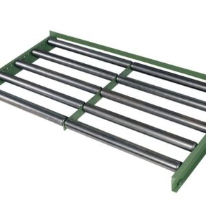 The Justrite Drum Roller F/Vdrum Dbl 55G showcases six parallel cylindrical rollers within a green frame, ideal for handling 55-gallon drums against a pristine white background.