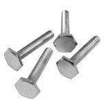 A set of four silver hex bolts from the Justrite Leveler Foot Kit is elegantly arranged diagonally on a pristine white background, with their threaded ends pointing upward to emphasize the precision of their hexagonal heads.