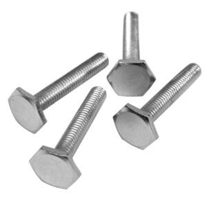 A set of four silver hex bolts from the Justrite Leveler Foot Kit is elegantly arranged diagonally on a pristine white background, with their threaded ends pointing upward to emphasize the precision of their hexagonal heads.