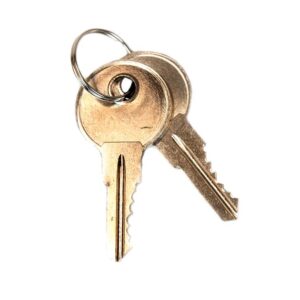 The Justrite Key Set/2, Ch545 Suregp Handle includes two metallic keys on a sleek silver keyring against a crisp white backdrop.