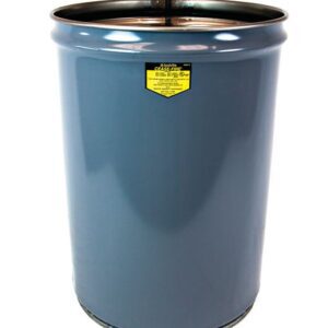 A large gray Justrite Can, reminiscent of a 12G drum, features a closed top with a small yellow safety label. It stands on a white background, highlighting its cylindrical shape and clean appearance. The rim and lid appear slightly darker in color.