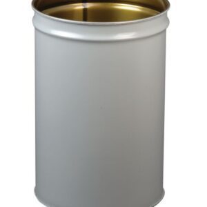 A cylindrical, plain metal container with an open top and a reflective gold interior mirrors the sleek design of a Justrite 55G Cf Drum Only, featuring a smooth, silver exterior.