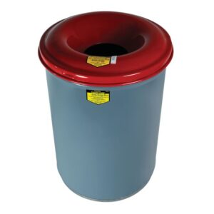 The Justrite Can CF Drum, a 12-gallon waste bin in gray with a red lid and circular opening, features a yellow safety label to ensure secure material disposal.