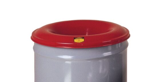 26430.jpg A Justrite Can, resembling a round metal container, features a gray body and red lid with a circular opening in the center. The lid displays a small yellow sign. This 30G Gray Cf Drum W/Head is isolated against a white background.