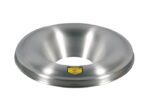 The funnel, made from Justrite Head Alum, Cf, F/30G Drum, has a conical shape with a wide base and small opening. It features a yellow label and its brushed metal finish gives it a sleek, industrial look.