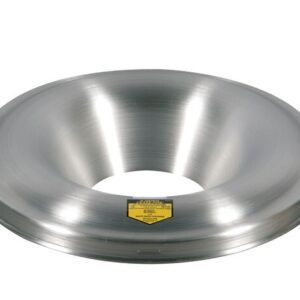 The funnel, made from Justrite Head Alum, Cf, F/30G Drum, has a conical shape with a wide base and small opening. It features a yellow label and its brushed metal finish gives it a sleek, industrial look.