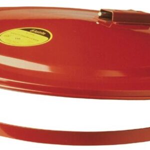 A red metal trash can lid with a flat top and yellow label near the handle is reminiscent of a Justrite Cover, Drum, W/Fuse Link F/55G. The lids circular design and attached metal ring are ideal for drum storage solutions.