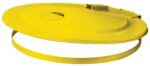 Resembling a Justrite 55 Gal Safety Drum Cover Yell, this yellow sled-like object has a circular base and a raised handle/lever on top, crafted from durable materials with a simplistic design.