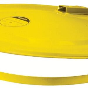 Resembling a Justrite 55 Gal Safety Drum Cover Yell, this yellow sled-like object has a circular base and a raised handle/lever on top, crafted from durable materials with a simplistic design.