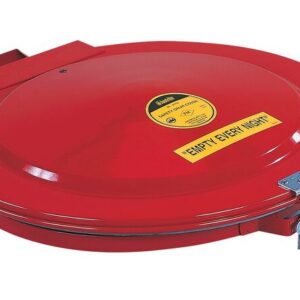 The red lid of a safety waste container, similar to a Justrite Cover for a 55-gallon drum, has a yellow label with a central emblem. A metal latch holds it below a yellow sticker that reads EMPTY EVERY NIGHT.