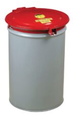 A gray metal safety can with a bright red lid and a yellow “EMPTY EVERY NIGHT” sticker features the Justrite Cover, Drum, Gskt/Vent F/55G Sc for secure closure, making it ideal for storage.