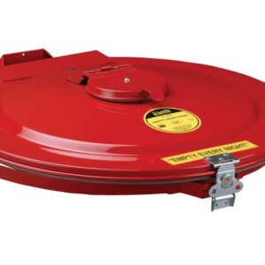 The Justrite Drum Cover, Vaportrap F/55G Mn, is a red metal self-closing lid with a latch, central handle, and warning labels including EMPTY EVERY NIGHT, all mounted on a sturdy bracket.