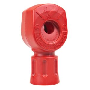 The Justrite Hvy Duty Smkr Head is a red plastic cigarette disposal unit with a round top opening, featuring embossed arrows and Cigarette Disposal text, offering a functional and compact design.