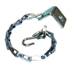The Justrite Chain & Clip Assembly F/26750 includes a metal chain with a hook, elongated links, and an angled bracket featuring a mounting hole at the end.