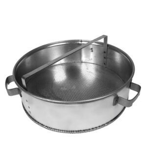 The Justrite Basket (models F/Dip27605 & Wash27713) is a round, silver metal sieve with two handles, a mesh bottom, and a central vertical divider for enhanced functionality.