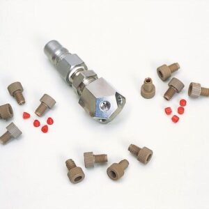 A metal tool with a hexagonal end lies amidst small brown screws and tiny red cylinders on a white surface, reminiscent of parts from a Justrite Manifold W/Ss Fitting F/Hplc.