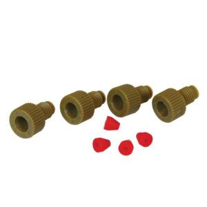 Four brown cylindrical and threaded components from the Justrite Fitting F/Tube 1/16OD Set/4 are aligned in a row. In front are five small, conical red rubber tips, randomly arranged on a white background to complete this unique set.