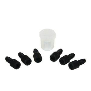A Justrite Plug Cap Kit, Manifold, Poly with six black threaded nozzle tips surrounds a clear plastic container, forming a semicircle on a white background.