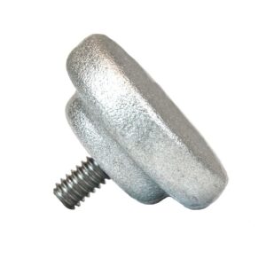 A silver, metal thumb screw with a textured grip and short threaded section similar to the Justrite Knob, Slide, Aerosolv System, displayed on a white background.