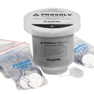 Several clear plastic bags featuring red zip-lock tops and Prosolv labels display circular metal caps surrounding a large cylindrical justrite filter carb w/tags prosolv activated carbon cartridge, highlighting the collaboration with Justrite.