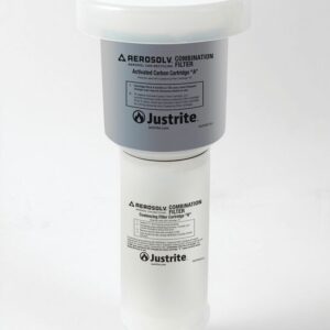The image displays a Justrite Filter, Noclr Combo, Aerosolv, with an activated carbon cartridge A on top and a coalescing filter cartridge B below, both cylindrical and labeled in white and gray.