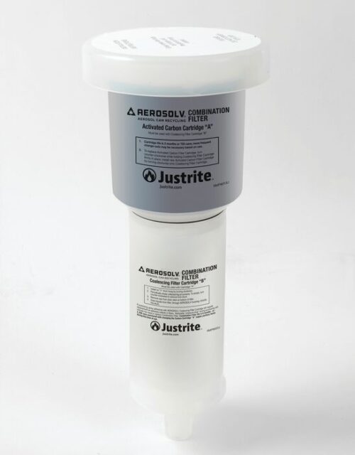 The image displays a Justrite Filter, Noclr Combo, Aerosolv, with an activated carbon cartridge A on top and a coalescing filter cartridge B below, both cylindrical and labeled in white and gray.