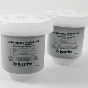 Displayed on a white background, the Aerslv coalescing filters come in a 2Pk set from Justrite Filter. Labeled Noclr Crtrdg, these gray cartridges have white tops with detailed printed information and logos prominently visible on the front.