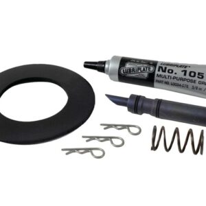 The Justrite Repair Kit, Maint, 5165Ex, Aerslv comprises Lubriplate No. 105 grease, a black rubber washer, a pointed metal rod, a coiled spring, and three metal clips set against a white backdrop—ideal for all your maintenance needs.