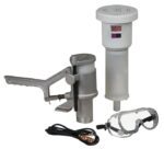 The Justrite Recycling, Std Aerosolv System features a hand lever metal grease gun with a cylindrical cartridge, safety goggles, and USB cable, set against a pristine white background.