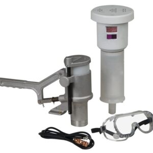 The Justrite Recycling, Std Aerosolv System features a hand lever metal grease gun with a cylindrical cartridge, safety goggles, and USB cable, set against a pristine white background.
