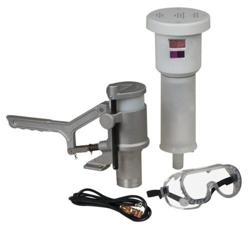 The Justrite Recycling, Std Aerosolv System features a hand lever metal grease gun with a cylindrical cartridge, safety goggles, and USB cable, set against a pristine white background.