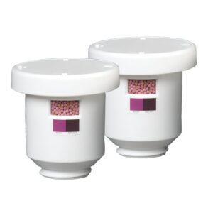 The Justrite Filter, Clr Cartrdg, 2Pk, Aersolv set includes two white cylindrical filters with clear sections showing pink pellets. Each filter has a flat top labeled READY and REPLACE for easy maintenance and efficient status monitoring.