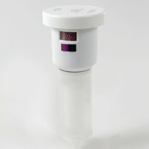 The Justrite Filter, Clr Combo, Aerosolv features a white desiccant container with a round top displaying pink beads and a humidity indicator; its elongated semi-transparent cylindrical bottom offers efficient storage.