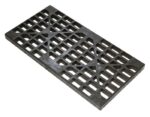The Justrite Grate, 2 Drum Replacmt, Eco Bk is a black storm drain cover with a sturdy grid pattern and triangular reinforcements. Set against a white background, it seamlessly combines function with durability and serves as an essential eco-friendly replacement for 2 Drum Replacmt systems.