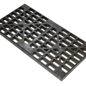 The Justrite Grate, 2 Drum Replacmt, Eco Bk is a black storm drain cover with a sturdy grid pattern and triangular reinforcements. Set against a white background, it seamlessly combines function with durability and serves as an essential eco-friendly replacement for 2 Drum Replacmt systems.