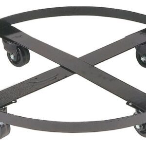 Introducing the Justrite Castor Dolly-Sngl Drm Col Ctr: This sleek black metal dolly features a circular frame with four caster wheels and X shaped intersecting bars for exceptional stability and support.
