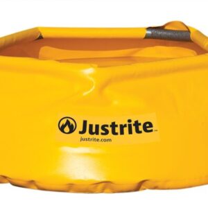 The yellow Justrite Pool, Pop-Up 20 Gal, features the Justrite logo and website on its side. Its crumpled look emphasizes its flexibility and pop-up design, offering a convenient 20-gallon solution for various needs.