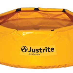 The Justrite Pool, Pop-Up 66 Gal is a yellow spill containment berm with black corners, designed to safely contain hazardous liquids. It features the Justrite brand name and flame logo in black text and has a 66-gallon capacity for reliable protection.