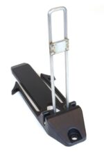 The 12 Justrite Repair Rigidloc Support Asy is a black and silver kickstand with a flat base and metal bracket, featuring sleek angular lines. It provides dependable stability for bicycles or motorcycles, shown on a white background—perfect for enthusiasts.